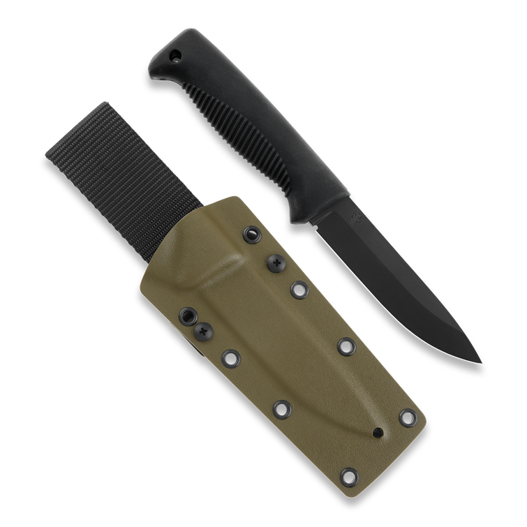 Cuchillo de guerrilla M07, PTFE, mango negro, funda coyote Kydex