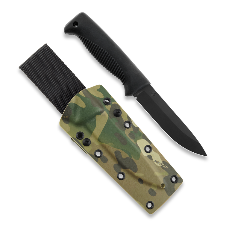 Cuchillo de guerrilla M07, PTFE, mango negro, funda multicam Kydex
