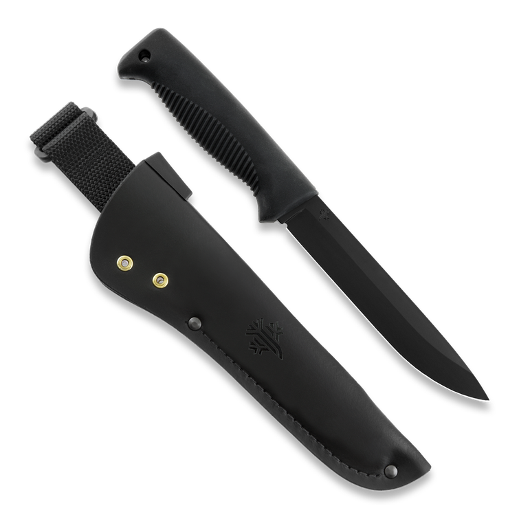 Cuchillo de guerrilla M95, PTFE, mango negro, funda de cuero negra