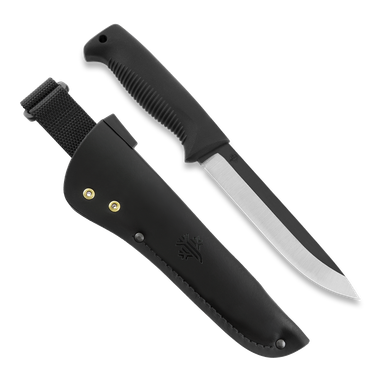 M95 Ranger Puukko, uncoated, black handle, black leather sheath