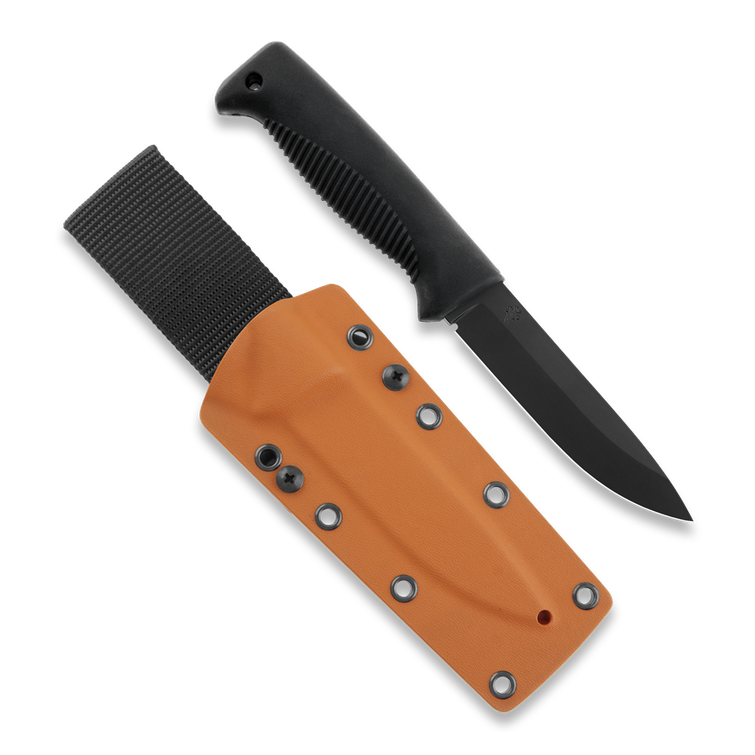 Cuchillo de guerrilla M07, PTFE, mango negro, funda Kydex naranja