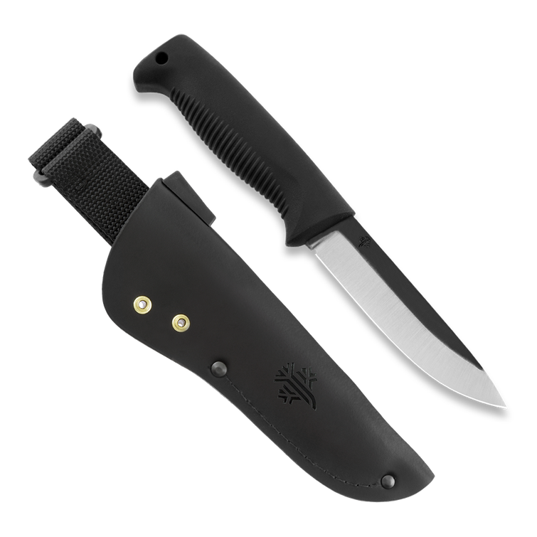 Cuchillo de guerrilla M07, sin recubrimiento, mango negro, funda de cuero negra