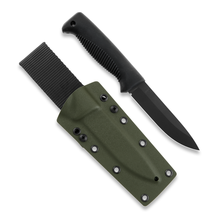 Cuchillo de guerrilla M07, PTFE, mango negro, funda Kydex verde